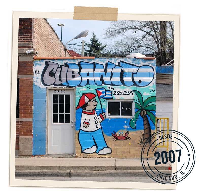 Original El Cubanito storefront with Cuban mural on Pulaski Road in Chicago